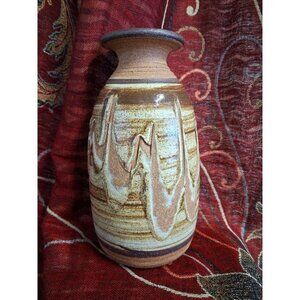 Handcrafted Studio Pottery Vase Signed By Artist With Earthy Brown & Beige Drip